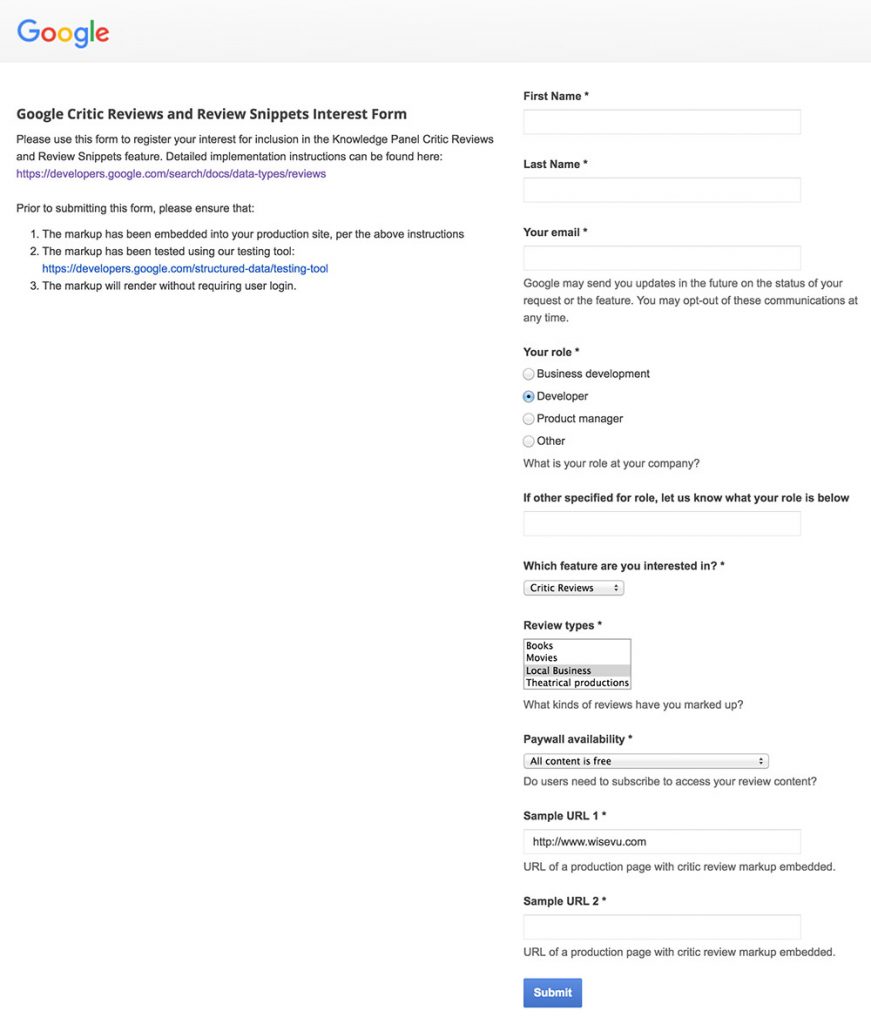 Google critic reviews interest form