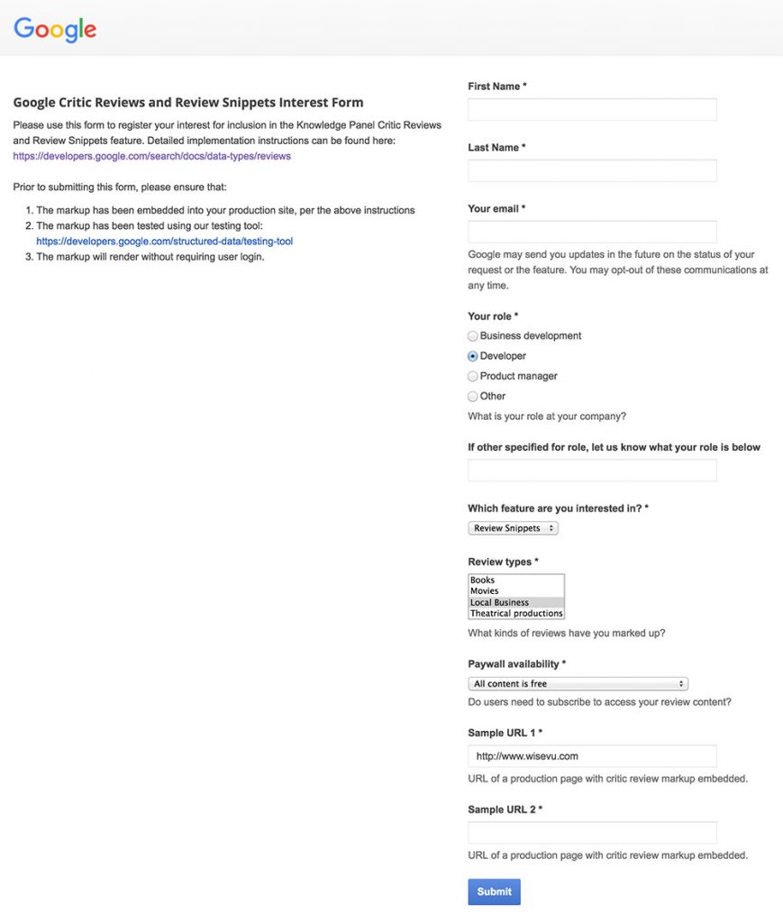 google star rating review snippets interest form