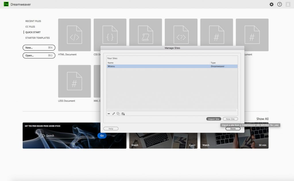 Import site .STE into Dreamweaver CC 2017