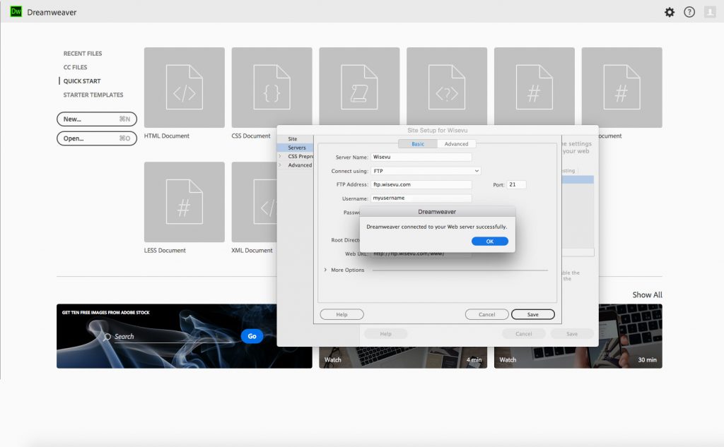 Dreamweaver CC 2017 Connected to Server after Site Import