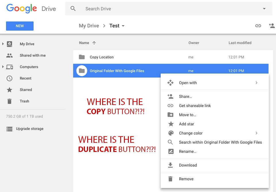 No Copy or Duplicate Button For Google Folders or Files