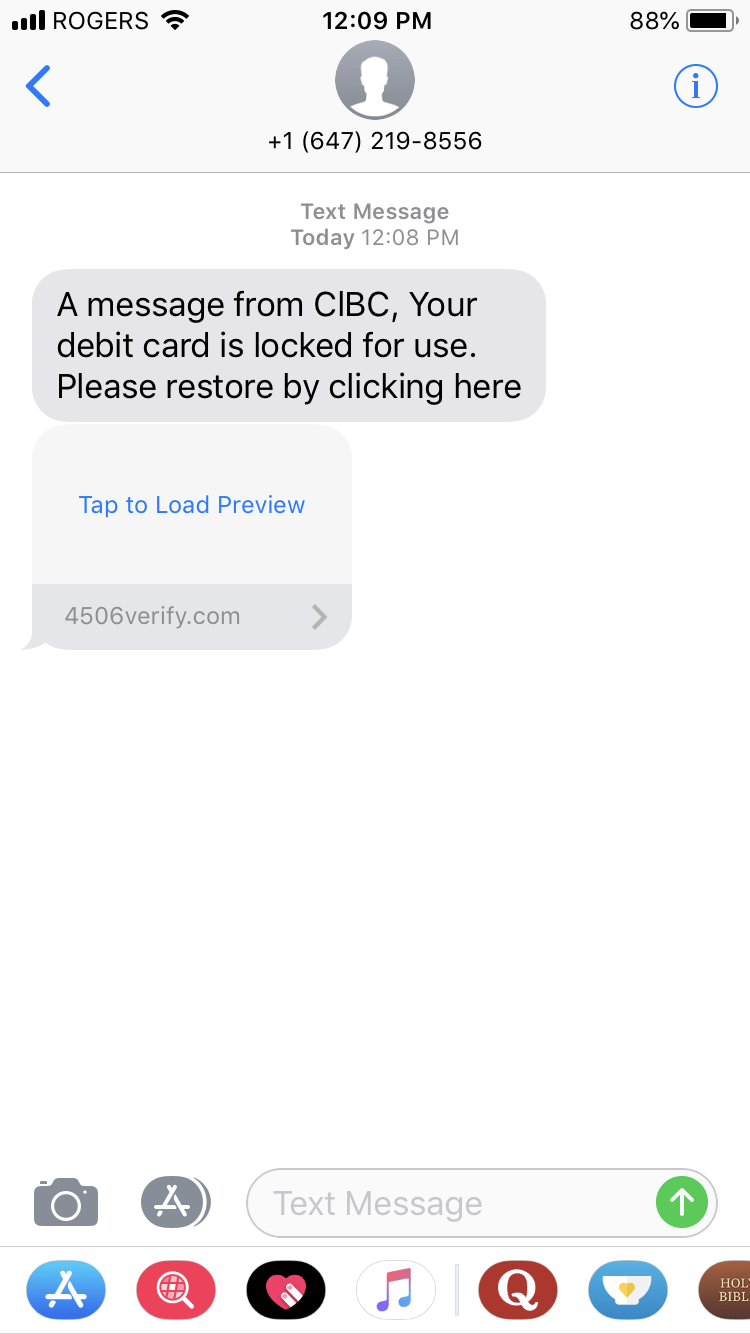 Text Message phishing attack 