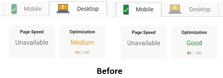 Google PageSpeed Insights Before
