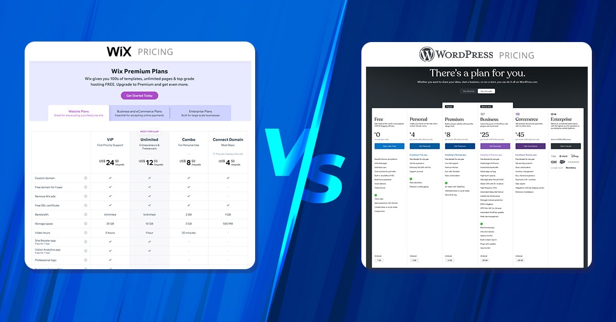 Pricing - Wix vs WordPress